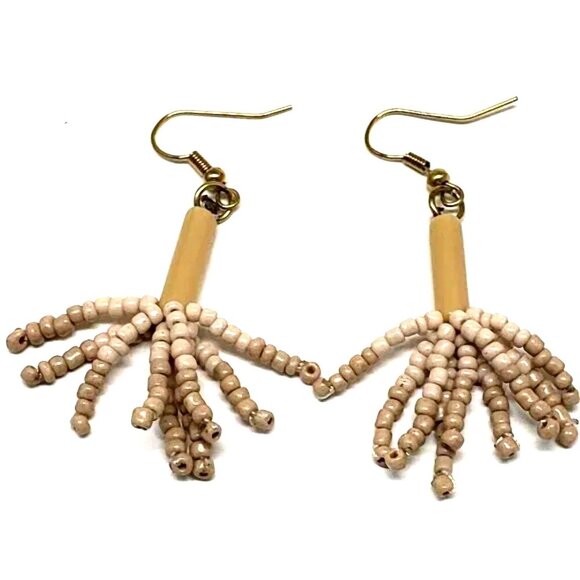Boho Beige Beaded Fringe Earrings – Handmade Dangle Jewelry, Lightweight & Fun - Picture 1 of 7